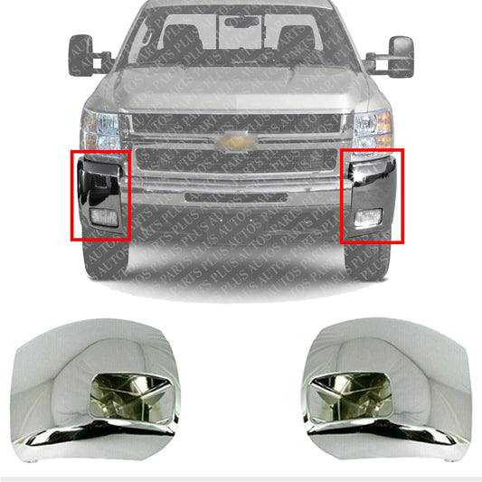 AUTOS PARTS PLUS Front Bumper End Caps Chrome Left Driver & Right Passenger Side Direct Replacement Compatible With 2007-2012 Chevrolet Silverado 2500HD 3500HD GM1016108 GM1017108 15839251