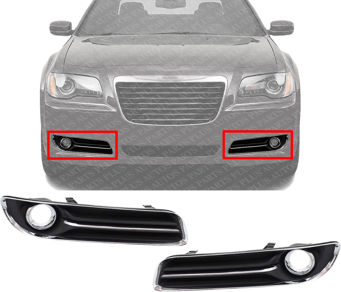 Set Of 2 Front Fog Light Molding Primed With Chrome Trim Left Driver & Right Passenger Side Direct Replacement Compatible With 2011-2014 Chrysler 300 CH1038126 CH1039126 68127946AB