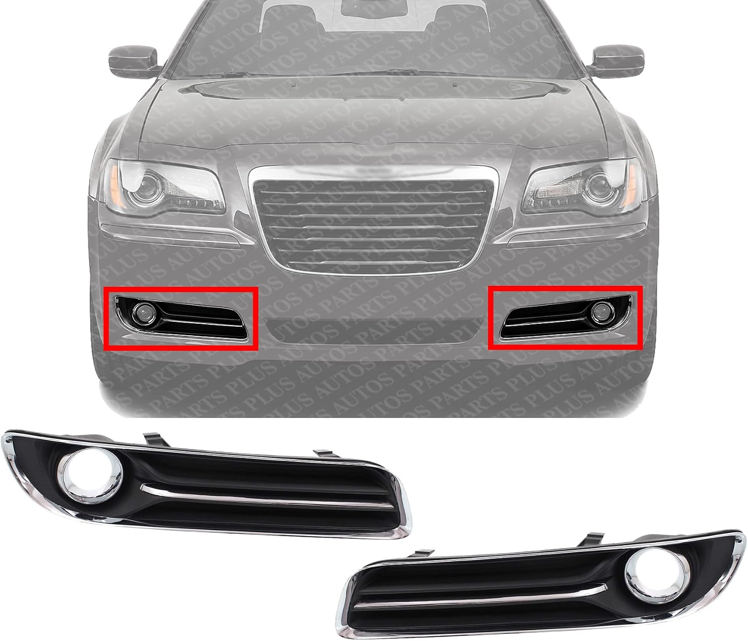 Set Of 2 Front Fog Light Molding Primed With Chrome Trim Left Driver & Right Passenger Side Direct Replacement Compatible With 2011-2014 Chrysler 300 CH1038126 CH1039126 68127946AB