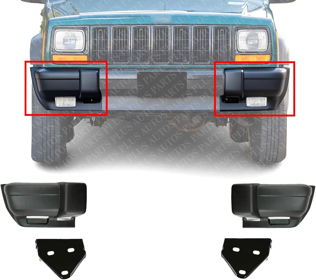 Front Bumper End Caps Textured + Mounting Arm Brackets Left Driver & Right Passenger Side Direct Replacement Compatible With Jeep Cherokee 1997-2001 CH1004126 CH1005126 CH1066104