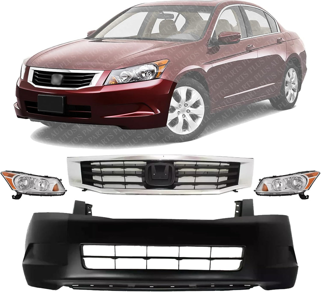 Front Bumper Cover Primed + Grille Shell & Insert With Chrome Molding + Head Lights Left Driver And Right Passenger Side Direct Replacement Compatible With 2008-2010 Honda Accord