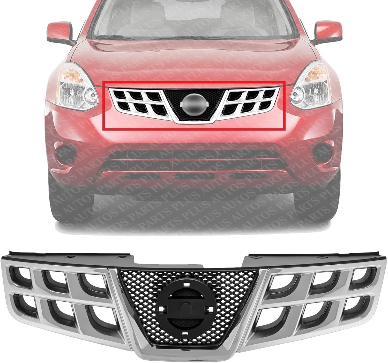 Front Grille Chrome Shell With Black Insert Plastic Direct Replacement Compatible With 2011-2013 Nissan Rogue / 2014-2015 Select NI1200249 623101VK0A