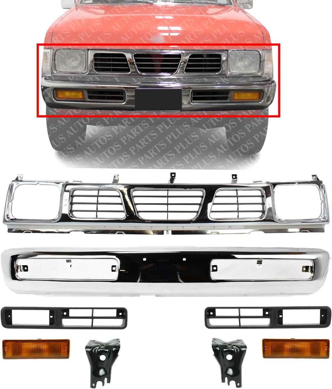 Front Bumper Chrome + Grille + Brackets + Signal Lamp + Light Molding Bezel Left Driver & Right Passenger Side Direct Replacement Compatible With 1996-1997 Nissan Pickup NI1002127