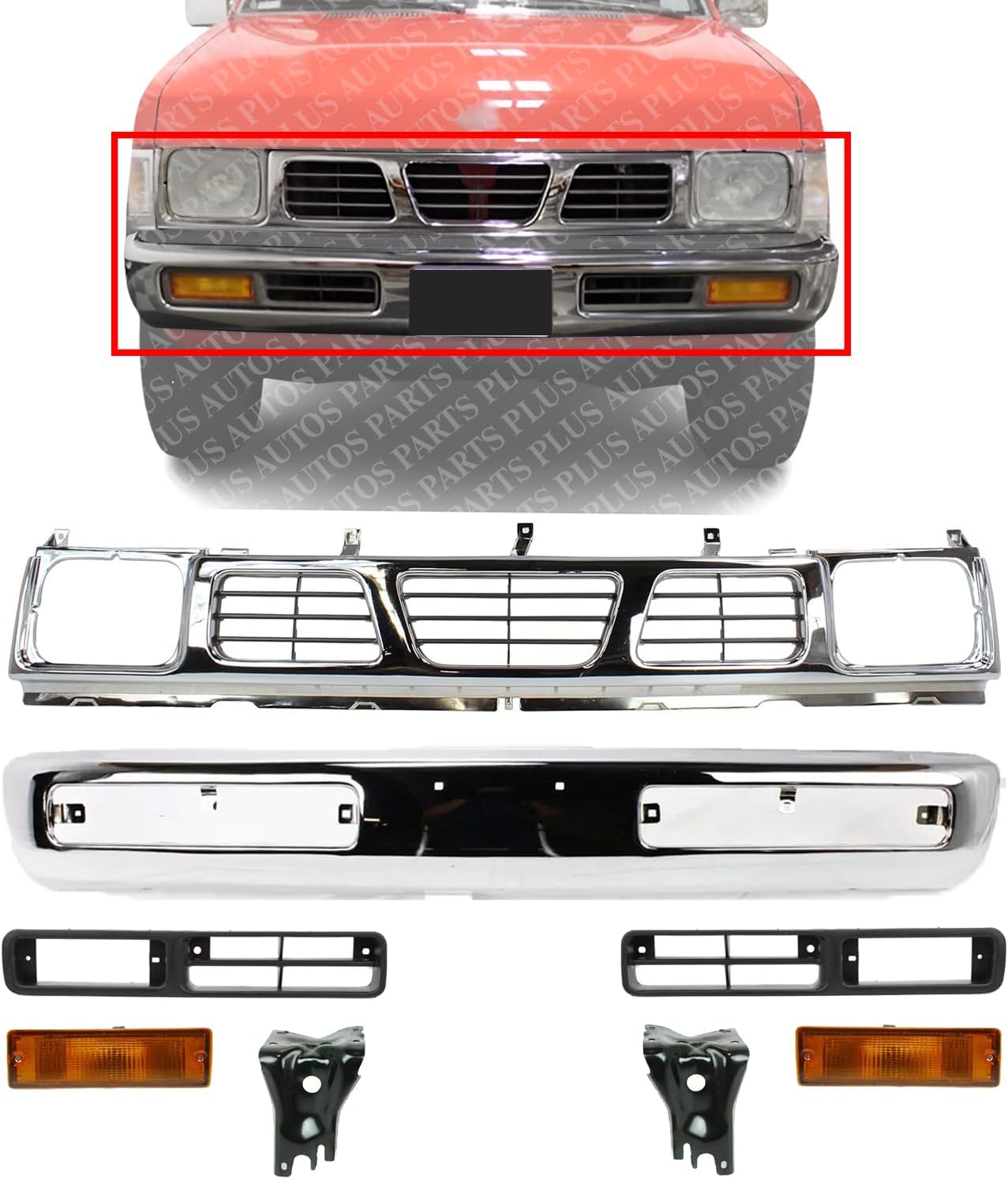 Front Bumper Chrome + Grille + Brackets + Signal Lamp + Light Molding Bezel Left Driver & Right Passenger Side Direct Replacement Compatible With 1996-1997 Nissan Pickup NI1002127