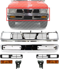 Front Bumper Chrome + Grille + Brackets + Signal Lamp + Light Molding Bezel Left Driver & Right Passenger Side Direct Replacement Compatible With 1996-1997 Nissan Pickup NI1002127