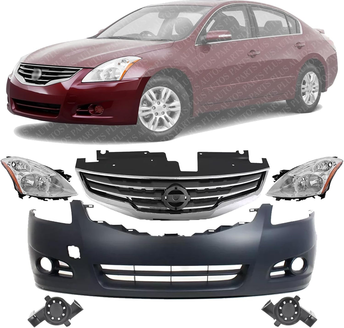 Front Bumper Primed + Grille Chrome Shell & Black Insert + Head Lights + Fog Lamp Molding Left Driver & Right Passenger Side Direct Replacement Compatible With 2010-2012 Nissan Altima