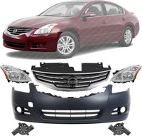 Front Bumper Primed + Grille Chrome Shell & Black Insert + Head Lights + Fog Lamp Molding Left Driver & Right Passenger Side Direct Replacement Compatible With 2010-2012 Nissan Altima