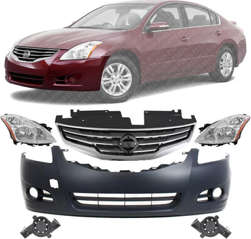 Front Bumper Primed + Grille Chrome Shell & Black Insert + Head Lights + Fog Lamp Molding Left Driver & Right Passenger Side Direct Replacement Compatible With 2010-2012 Nissan Altima