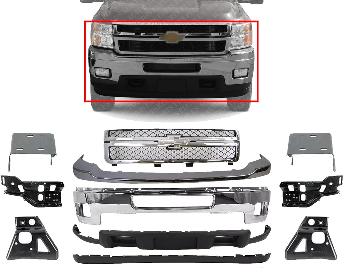 Front Bumper + Grille + Upper Cover Chrome + Valance + Extension Textured + Set Of 6 Bracket Right & Left Side Direct Replacement Compatible With Chevy Silverado 2500HD 3500HD 2011-14