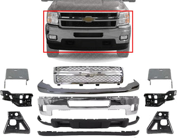 Front Bumper + Grille + Upper Cover Chrome + Valance + Extension Textured + Set Of 6 Bracket Right & Left Side Direct Replacement Compatible With Chevy Silverado 2500HD 3500HD 2011-14