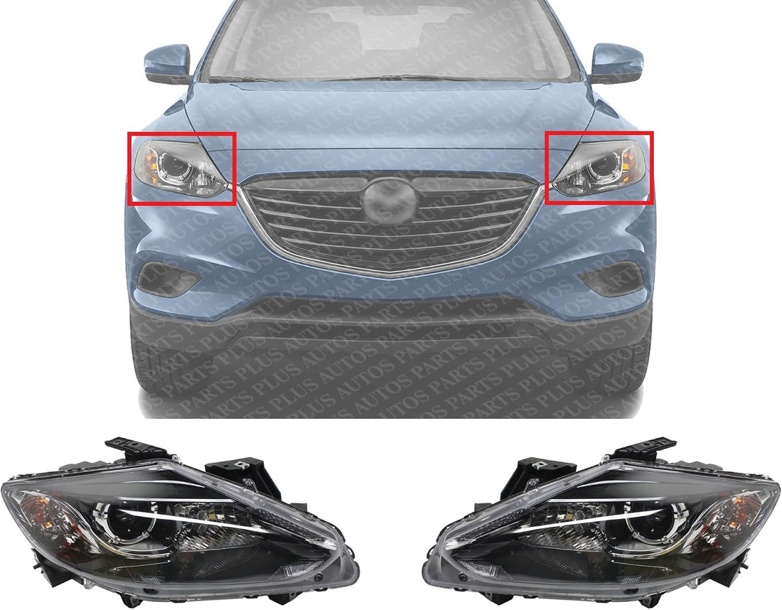 Set Of 2 Front Head Light Assembly Plastic Left Driver & Right Passenger Side Direct Replacement Compatible With 2013-2015 Mazda CX-9 REPM100397 REPM100398