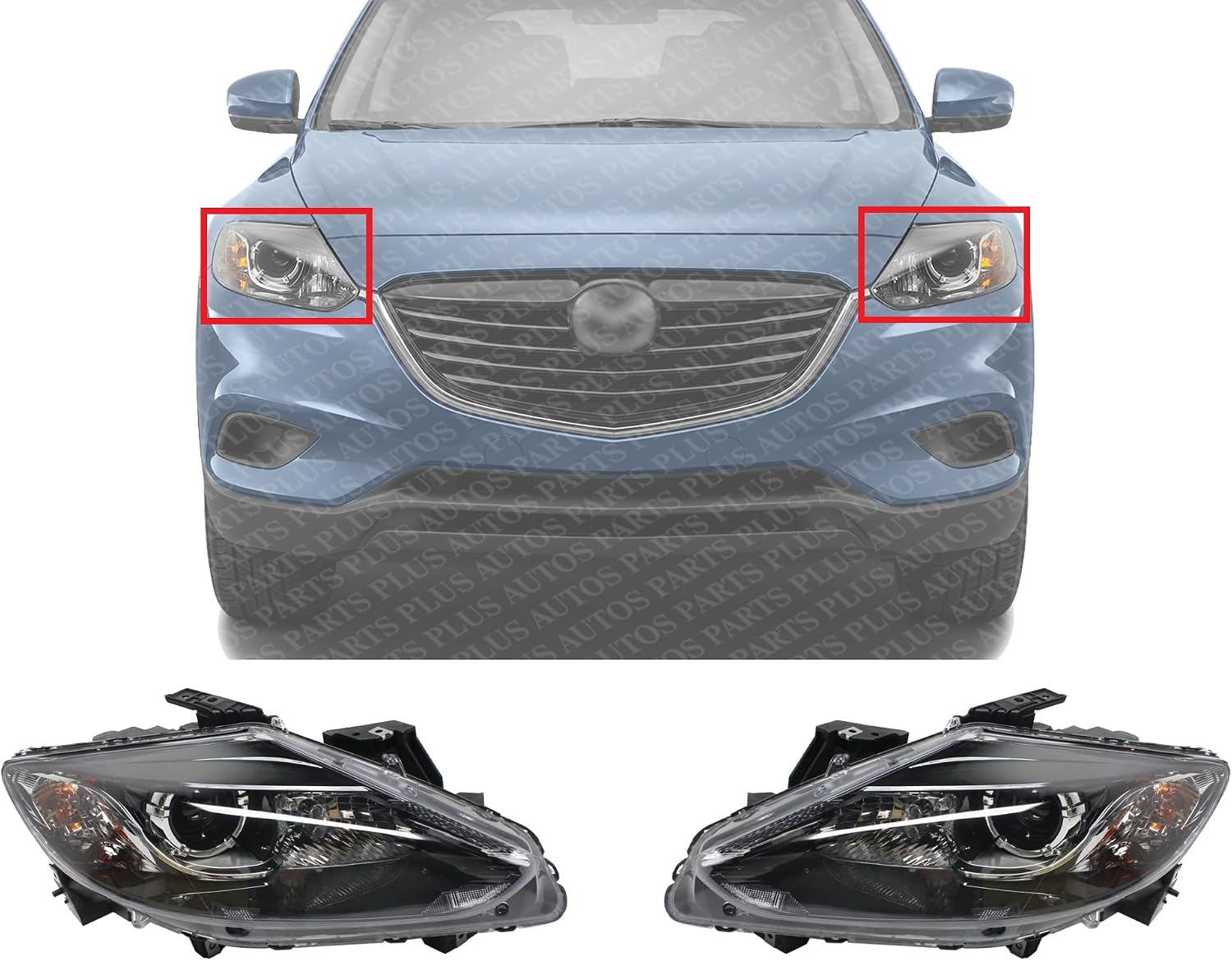Set Of 2 Front Head Light Assembly Plastic Left Driver & Right Passenger Side Direct Replacement Compatible With 2013-2015 Mazda CX-9 REPM100397 REPM100398