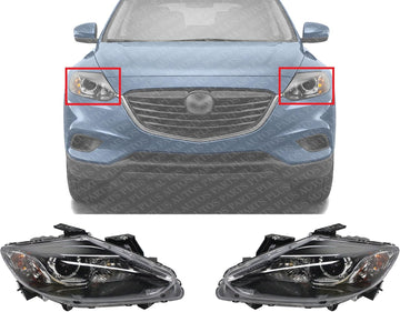 Set Of 2 Front Head Light Assembly Plastic Left Driver & Right Passenger Side Direct Replacement Compatible With 2013-2015 Mazda CX-9 REPM100397 REPM100398