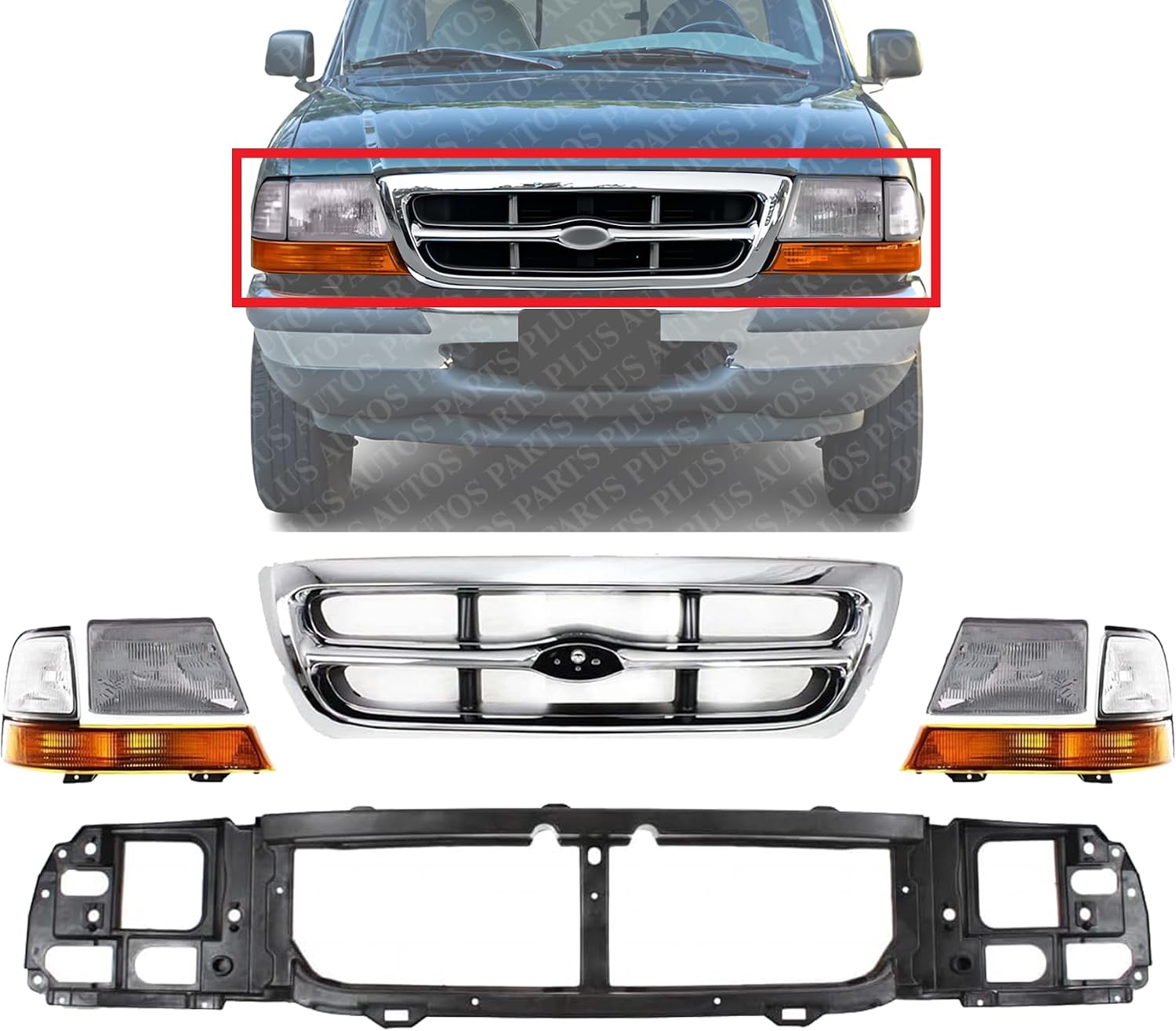 Front Grille Chrome Shell & Insert + Header Panel Thermoplastic And Fiberglass + Headlights + Corner Lamps Left & Right Side Direct Replacement Compatible With 1998-2000 Ford Ranger