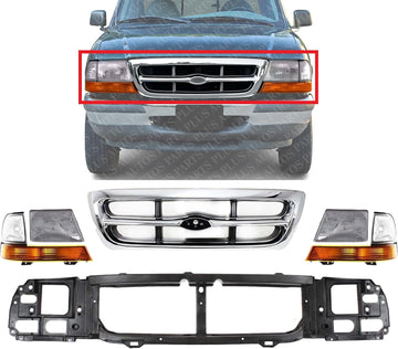 Front Grille Chrome Shell & Insert + Header Panel Thermoplastic And Fiberglass + Headlights + Corner Lamps Left & Right Side Direct Replacement Compatible With 1998-2000 Ford Ranger