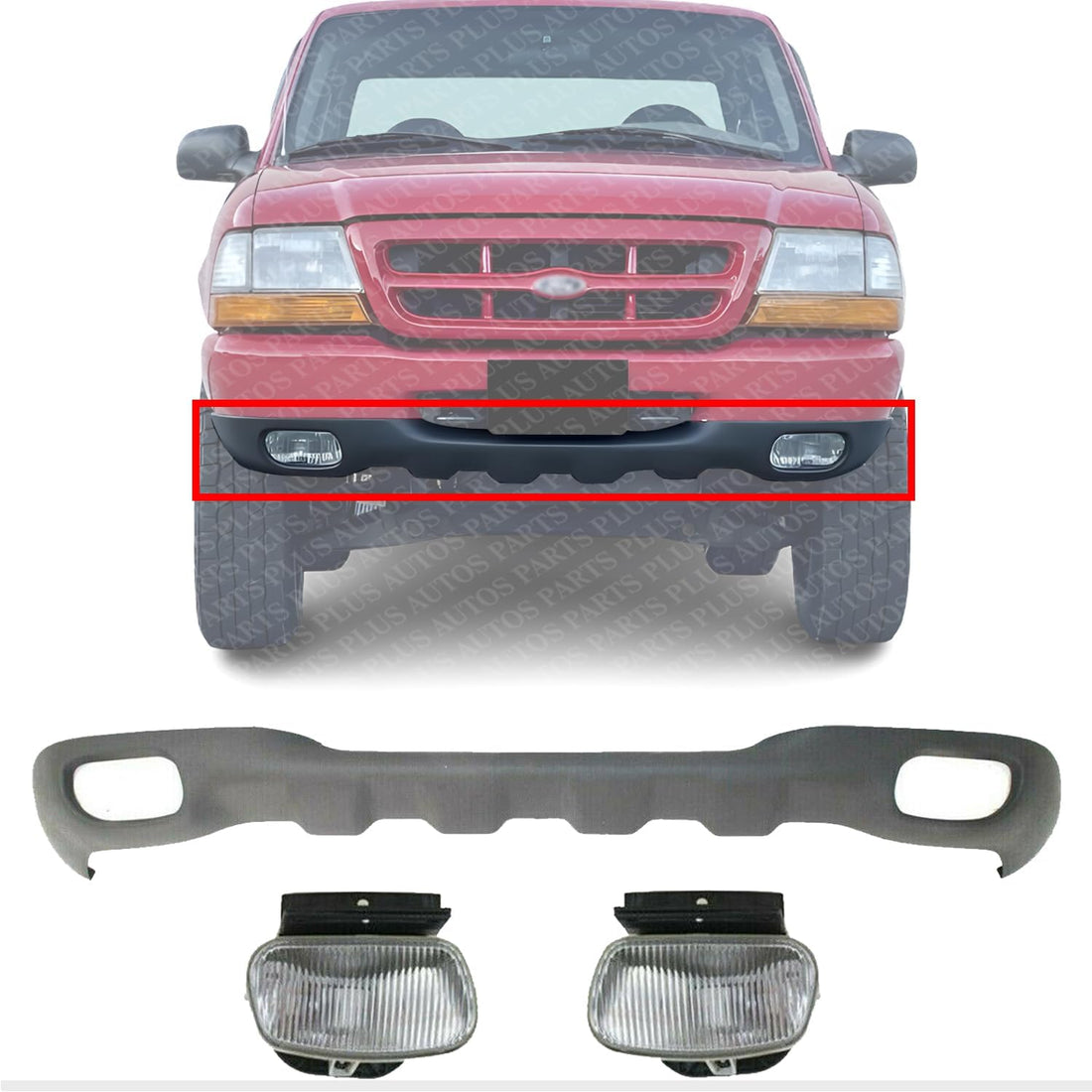 Front Bumper Lower Valance Panel Textured + Fog Light Assembly Left Driver & Right Passenger Side Direct Replacement Compatible With 1998-2000 Ford Ranger FO1095172 FO2592198