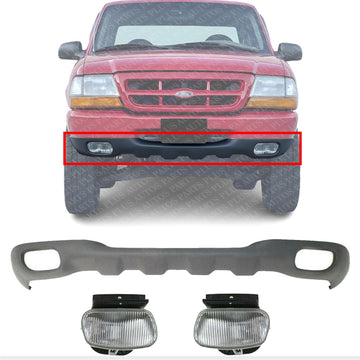 Front Bumper Lower Valance Panel Textured + Fog Light Assembly Left Driver & Right Passenger Side Direct Replacement Compatible With 1998-2000 Ford Ranger FO1095172 FO2592198