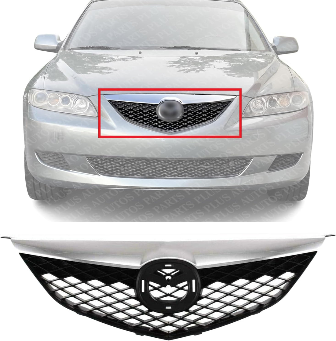 Front Grille Assembly Primed Shell And Insert With Chrome Upper Bar Plastic Direct Replacement Compatible With 2003-2005 Mazda 6 S 6 MA1200166 GK2A50710C