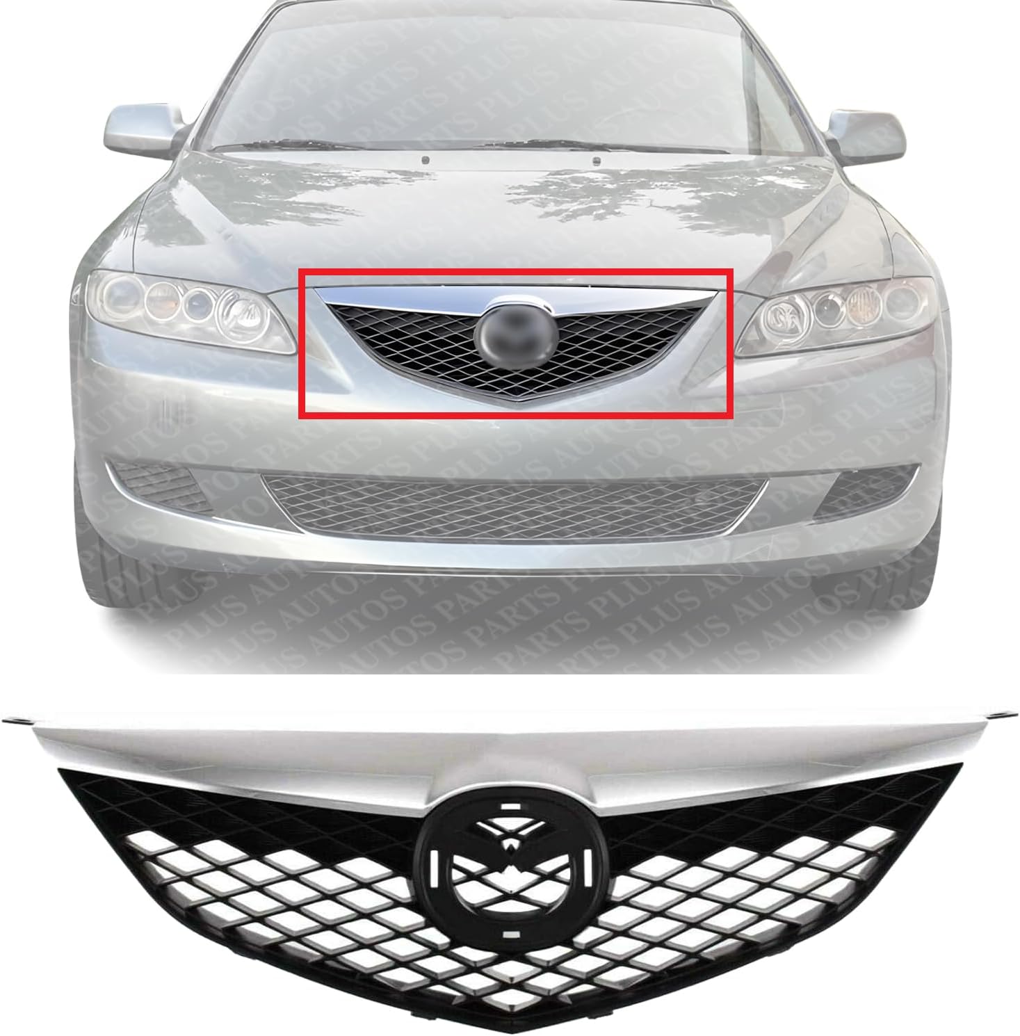Front Grille Assembly Primed Shell And Insert With Chrome Upper Bar Plastic Direct Replacement Compatible With 2003-2005 Mazda 6 S 6 MA1200166 GK2A50710C