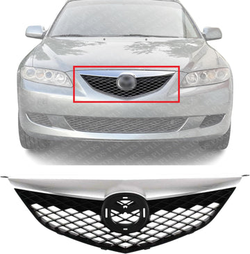 Front Grille Assembly Primed Shell And Insert With Chrome Upper Bar Plastic Direct Replacement Compatible With 2003-2005 Mazda 6 S 6 MA1200166 GK2A50710C
