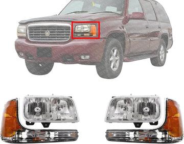Front Head Light Assembly + Corner Lamp Left Driver & Right Passenger Side Direct Replacement Compatible With 1999-2000 Cadillac Escalade/GMC Yukon GM2502217 GM2503217 GM2521183