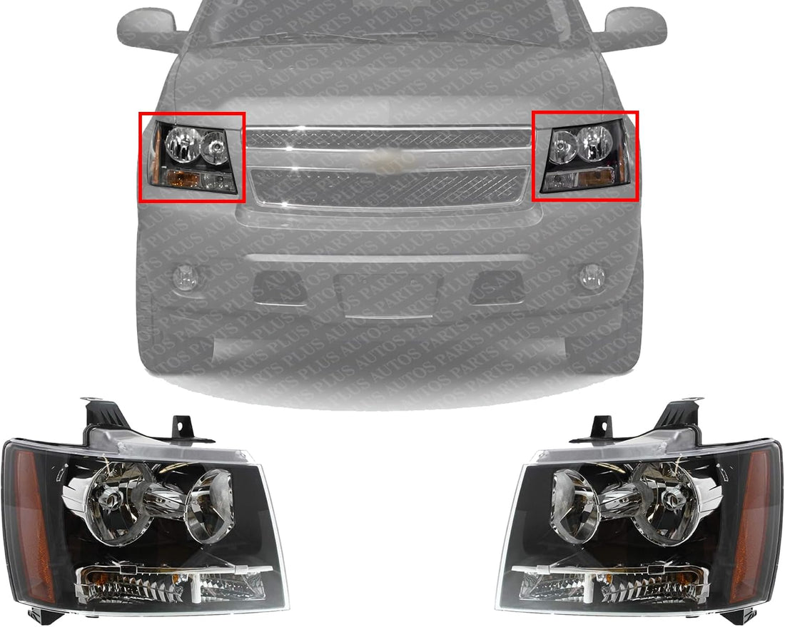 Set Of 2 Front Head Light Composite Assembly Halogen Left Driver & Right Passenger Side Direct Replacement Compatible With 2007-2014 Chevrolet Tahoe GM2502263 GM2503263 22853025