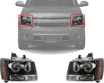 Set Of 2 Front Head Light Composite Assembly Halogen Left Driver & Right Passenger Side Direct Replacement Compatible With 2007-2014 Chevrolet Tahoe GM2502263 GM2503263 22853025