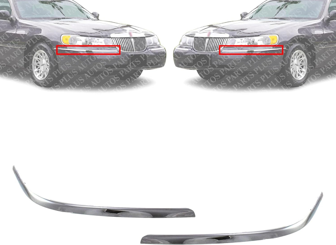 Set Of 2 Front Bumper Molding Chrome Plastic Left Driver & Right Passenger Side Direct Replacement Compatible With 1998-2002 Lincoln Town Car FO1059273 FO1058273 F8VZ17K833BA