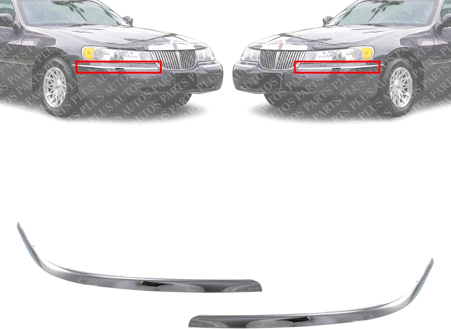 Set Of 2 Front Bumper Molding Chrome Plastic Left Driver & Right Passenger Side Direct Replacement Compatible With 1998-2002 Lincoln Town Car FO1059273 FO1058273 F8VZ17K833BA