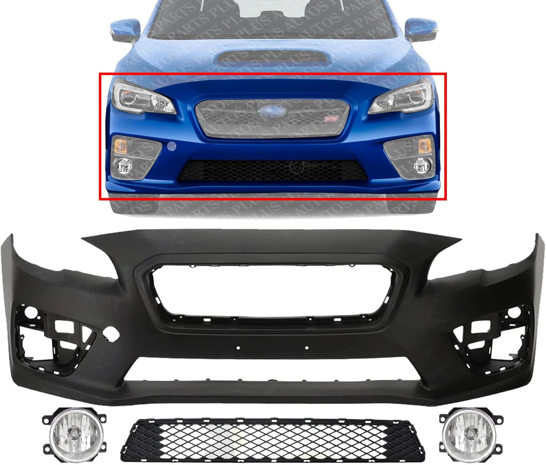 Front Bumper Cover Primed Plastic + Lower Center Grille + Fog Light Left Driver & Right Passenger Side Direct Replacement Compatible With 2015-2017