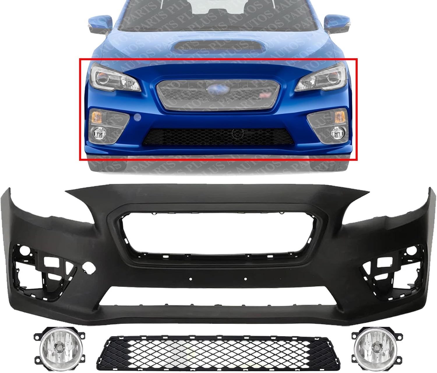 Front Bumper Cover Primed Plastic + Lower Center Grille + Fog Light Left Driver & Right Passenger Side Direct Replacement Compatible With 2015-2017