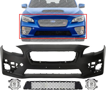 Front Bumper Cover Primed Plastic + Lower Center Grille + Fog Light Left Driver & Right Passenger Side Direct Replacement Compatible With 2015-2017