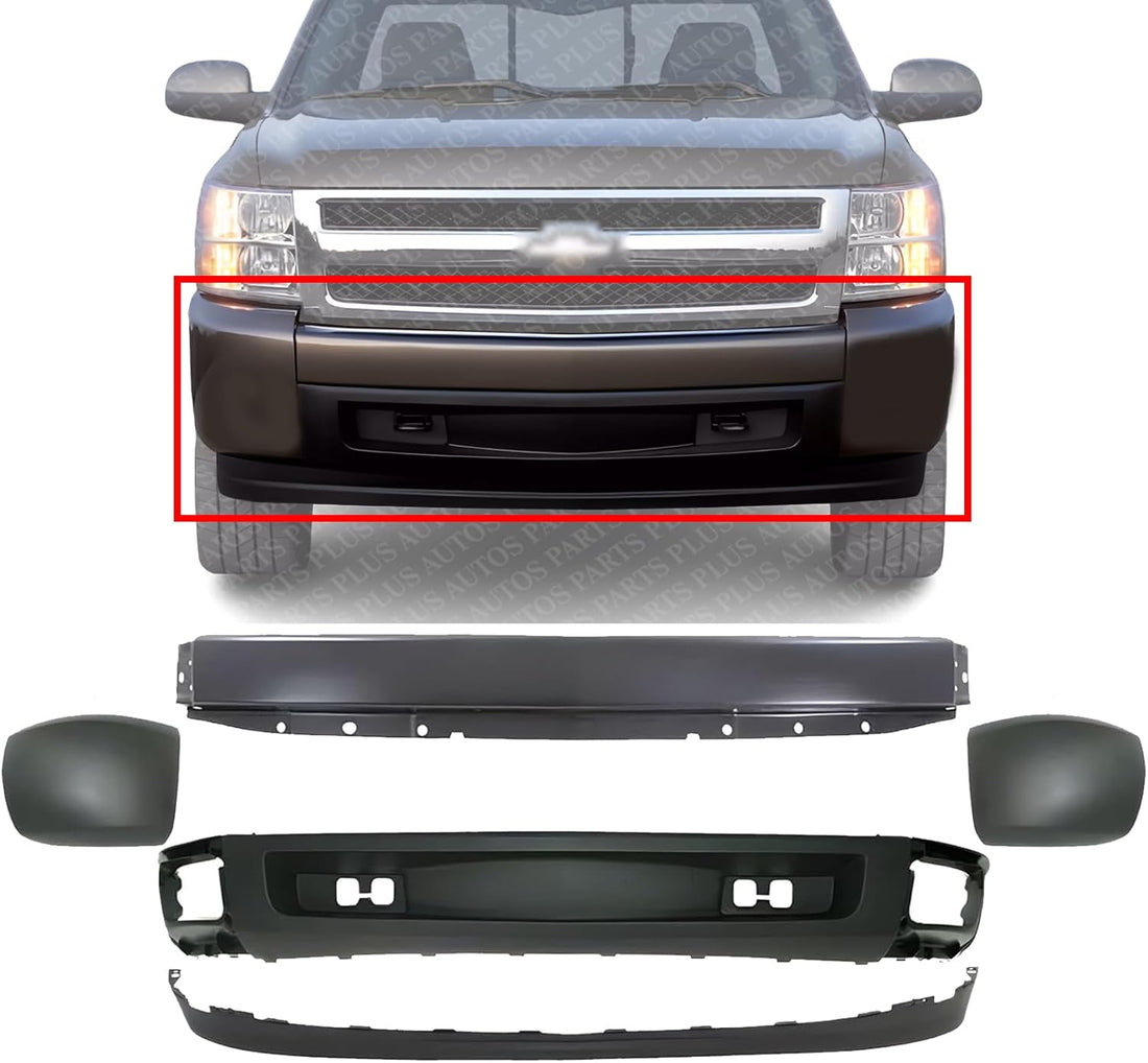 Front Bumper Primed Steel + Lower Valance Air Deflector + Extension Textured + End Caps Left & Right Side Direct Replacement Compatible With 2007-2013 Chevrolet Silverado 1500