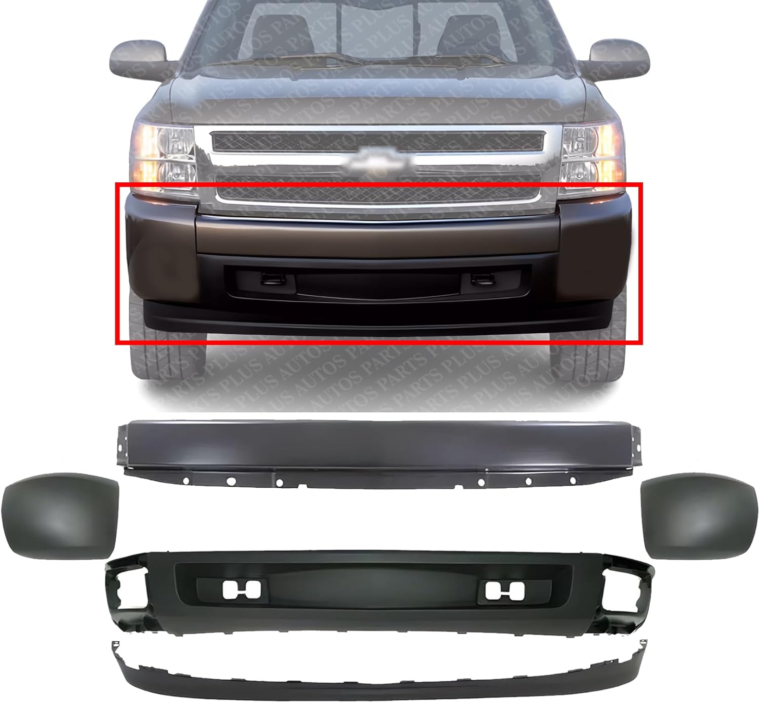 Front Bumper Primed Steel + Lower Valance Air Deflector + Extension Textured + End Caps Left & Right Side Direct Replacement Compatible With 2007-2013 Chevrolet Silverado 1500