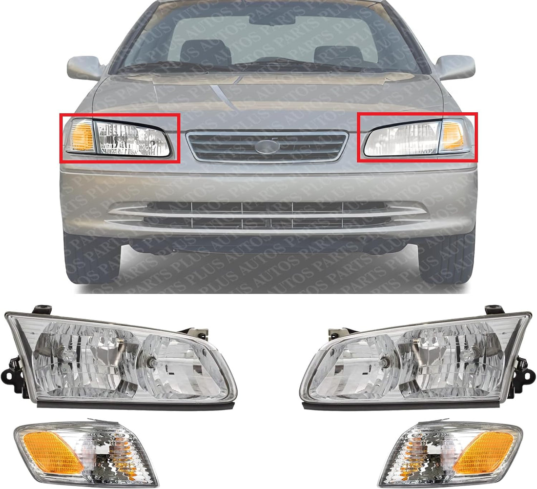 Front Head Lights Assembly + Corner Lamps Plastic Left Driver & Right Passenger Side Direct Replacement Compatible With 2000-2001 Toyota Camry TO2502130 TO2503130 TO2531136 TO2530136