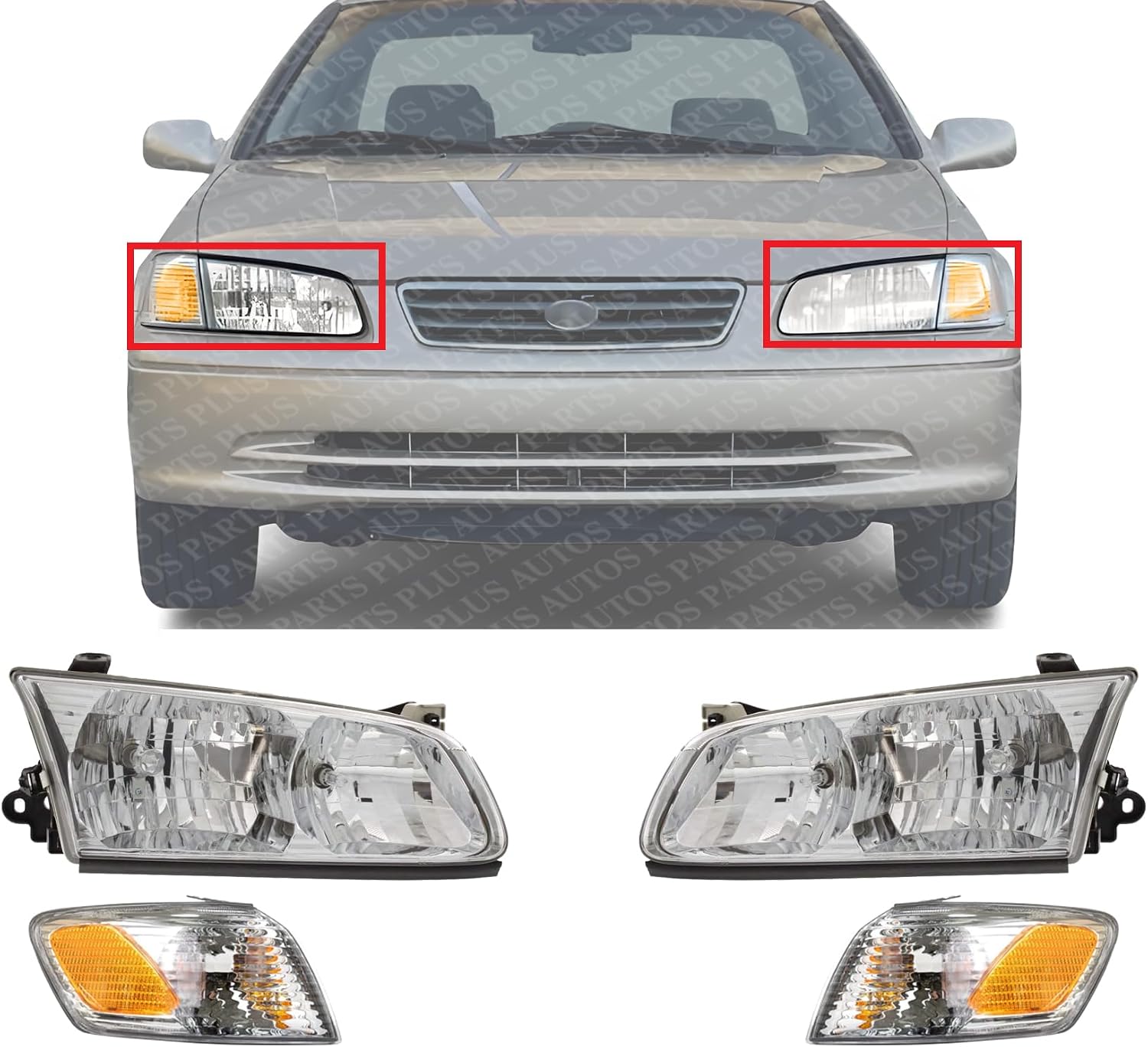 Front Head Lights Assembly + Corner Lamps Plastic Left Driver & Right Passenger Side Direct Replacement Compatible With 2000-2001 Toyota Camry TO2502130 TO2503130 TO2531136 TO2530136
