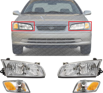 Front Head Lights Assembly + Corner Lamps Plastic Left Driver & Right Passenger Side Direct Replacement Compatible With 2000-2001 Toyota Camry TO2502130 TO2503130 TO2531136 TO2530136