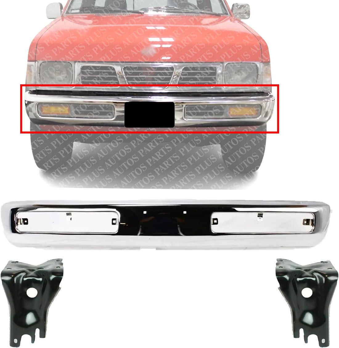 Front Bumper Face Bar Chrome Steel + Mounting Brackets Right Passenger & Left Driver Side Direct Replacement Compatible With 1996-1997 Nissan Pickup NI1066104 NI1067104 NI1002127