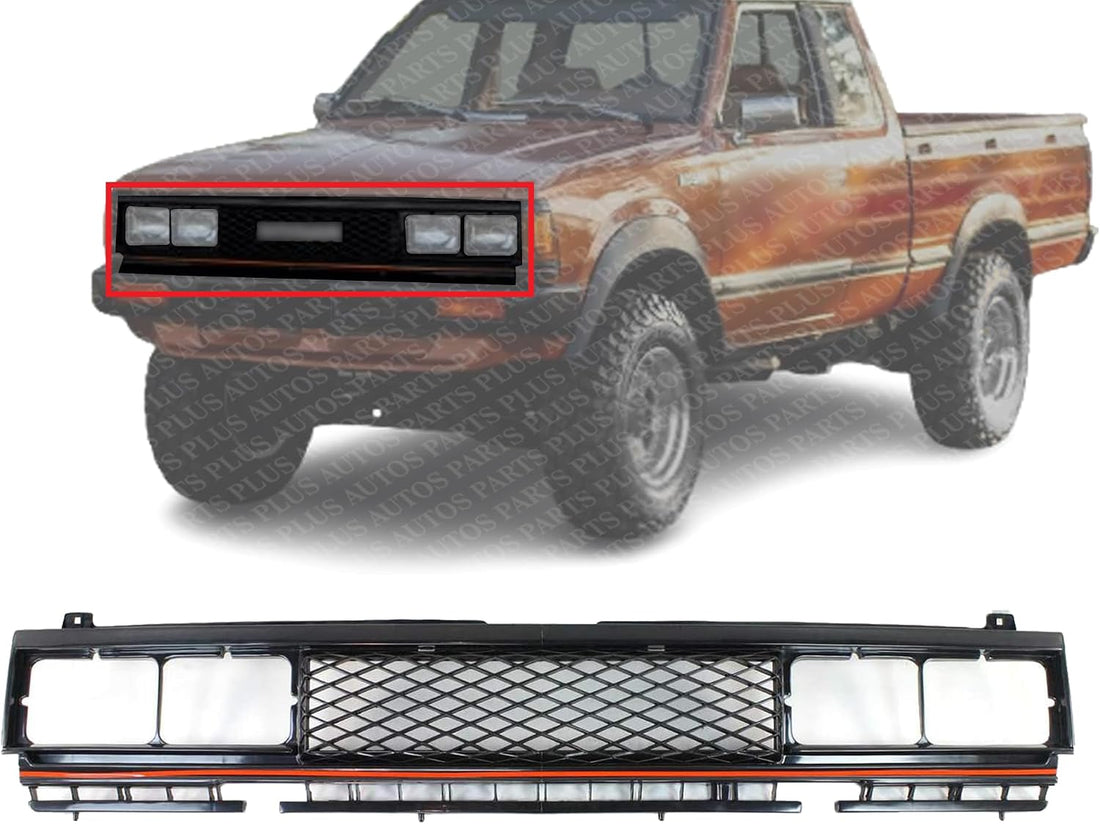 Front Grille Primed Shell And Mesh Insert With Red Molding Direct Replacement Compatible With 1983-1986 Nissan 720 NI1200118 6231084W00
