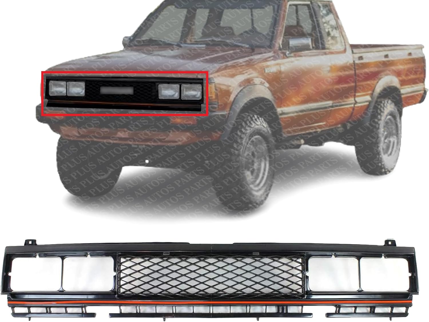Front Grille Primed Shell And Mesh Insert With Red Molding Direct Replacement Compatible With 1983-1986 Nissan 720 NI1200118 6231084W00