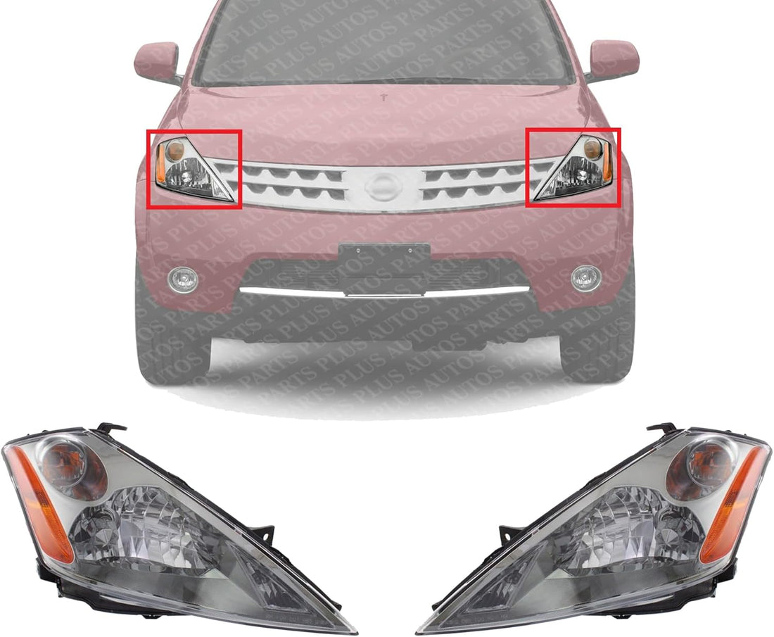 Set Of 2 Front Head Light Assembly With Chrome Interior Left Driver & Right Passenger Side Direct Replacement Compatible With 2003-2007 Nissan Murano NI2502155 NI2503155