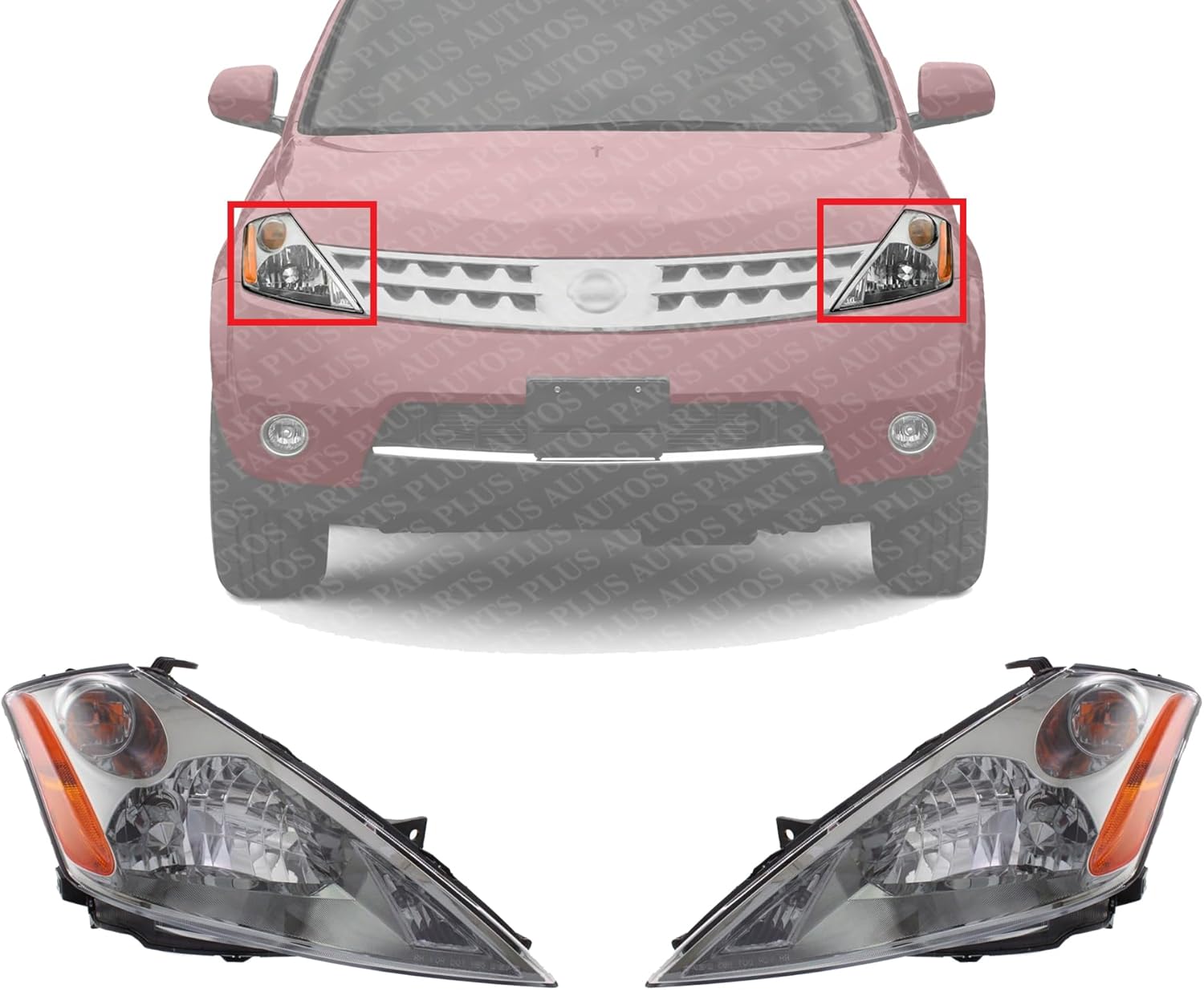 Set Of 2 Front Head Light Assembly With Chrome Interior Left Driver & Right Passenger Side Direct Replacement Compatible With 2003-2007 Nissan Murano NI2502155 NI2503155