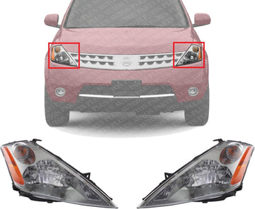 Set Of 2 Front Head Light Assembly With Chrome Interior Left Driver & Right Passenger Side Direct Replacement Compatible With 2003-2007 Nissan Murano NI2502155 NI2503155