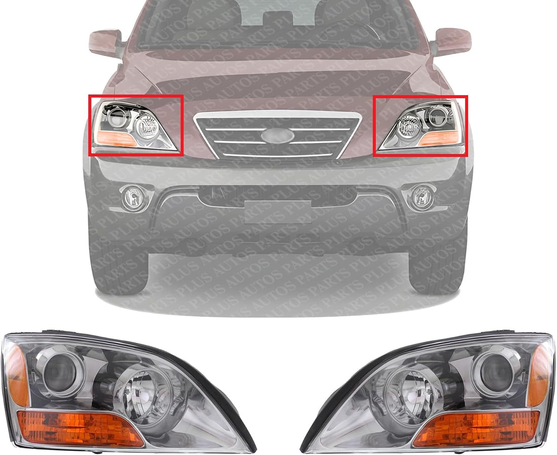 Set Of 2 Front Head Light Assembly Plastic Left Driver & Right Passenger Side Direct Replacement Compatible With 2007-2008 Kia Sorento KI2502126 KI2503126 921013E540 921023E540