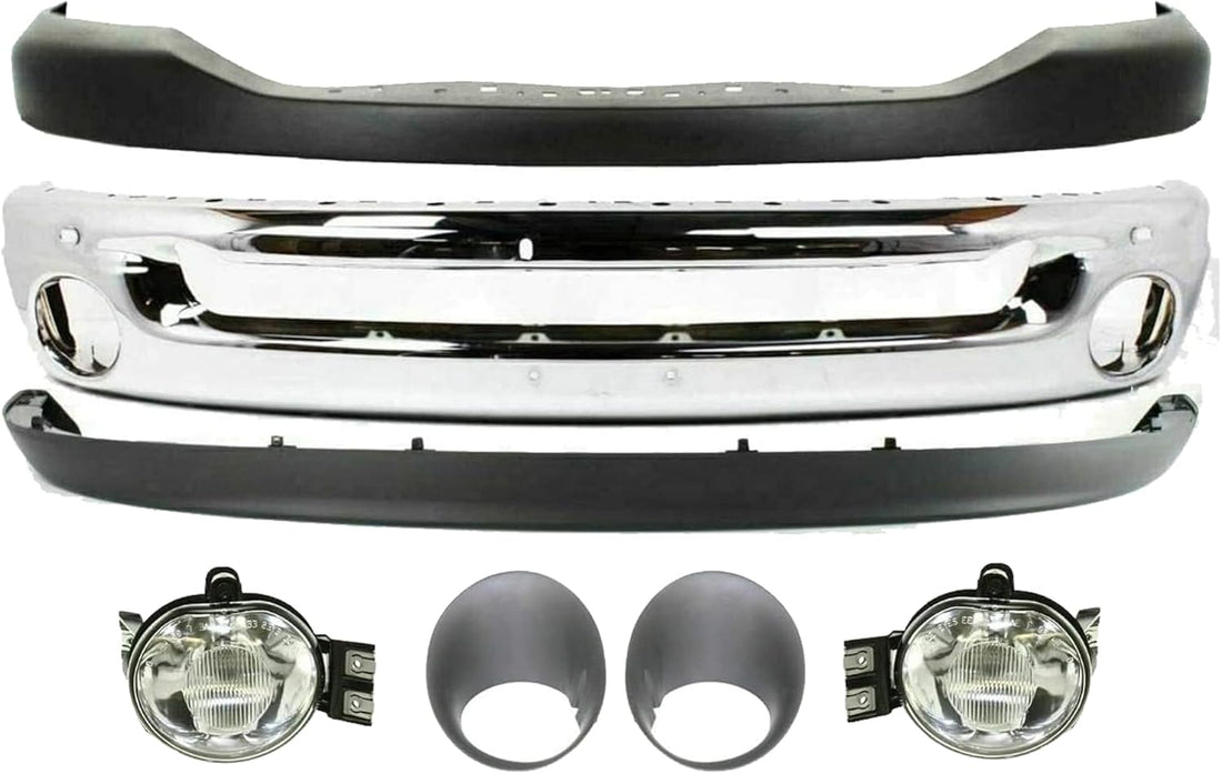 Front Bumper Chrome Steel + Upper Cover + Lower Valance + Fog Light + Molding Left Driver & Right Passenger Side Direct Replacement Compatible With 2006-2009 Dodge Ram 1500 2500 3500
