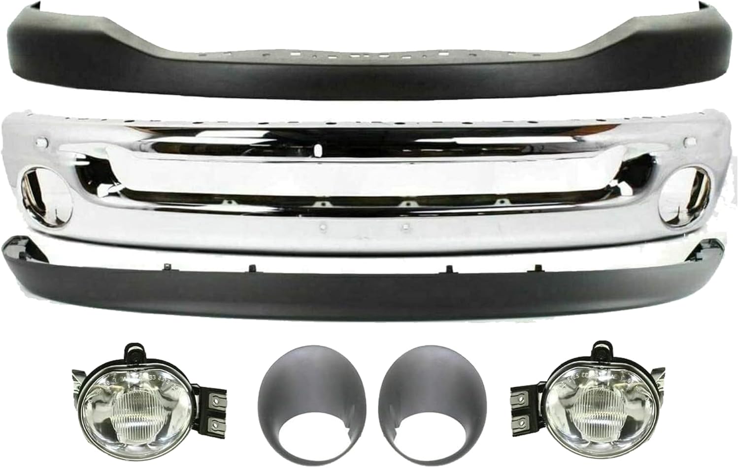 Front Bumper Chrome Steel + Upper Cover + Lower Valance + Fog Light + Molding Left Driver & Right Passenger Side Direct Replacement Compatible With 2006-2009 Dodge Ram 1500 2500 3500