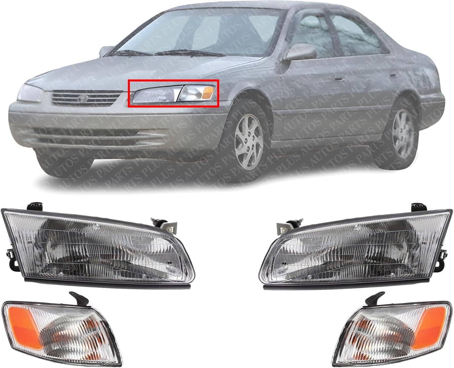 Front Head Lights + Corner Lamps Plastic Left Driver & Right Passenger Side Direct Replacement Compatible With 1997-1999 Toyota Camry TO2502117 TO2503117 TO2531126 TO2530126