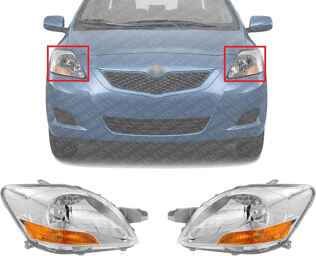 Set Of 2 Front Head Light Assembly Lens And Housing Plastic Left Driver & Right Passenger Side Direct Replacement Compatible With 2007-2011 Toyota Yaris TO2518108 TO2519108
