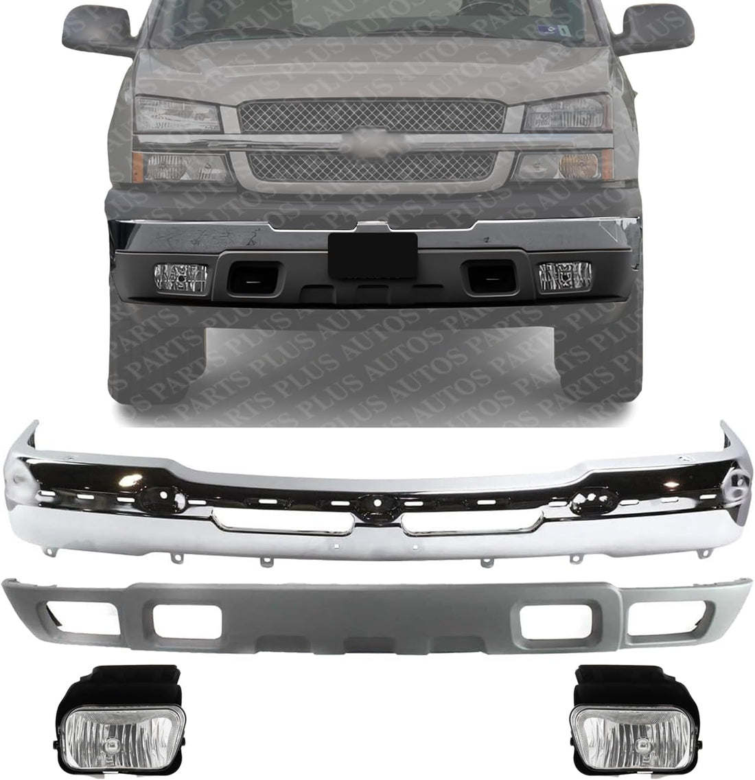 Front Bumper Chrome Steel + Lower Valance Air Deflector + Fog Lamps Left & Right Side Direct Replacement Compatible With 2003-2006 Chevrolet Avalanche / 2003-2004 Silverado 1500 2500