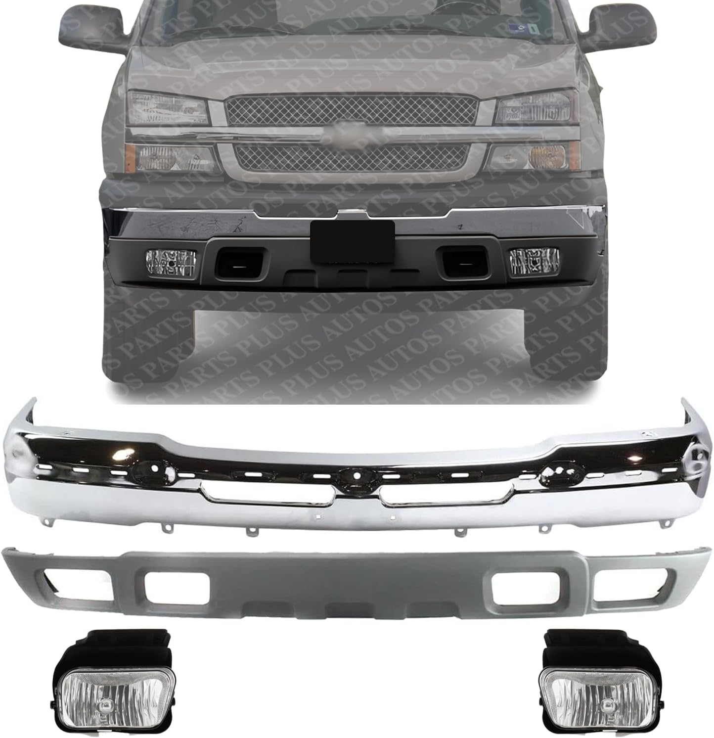 Front Bumper Chrome Steel + Lower Valance Air Deflector + Fog Lamps Left & Right Side Direct Replacement Compatible With 2003-2006 Chevrolet Avalanche / 2003-2004 Silverado 1500 2500
